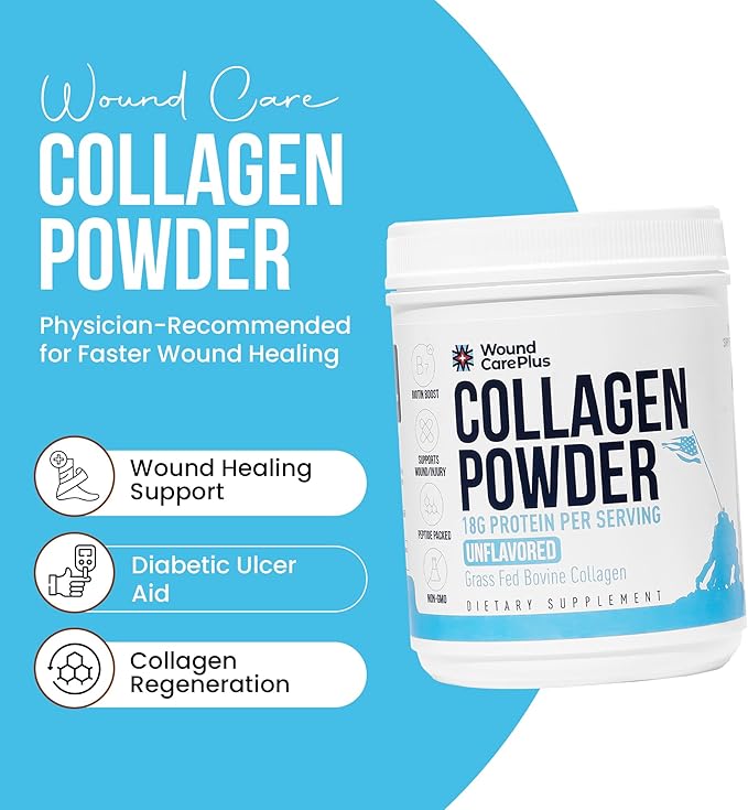 Wound Care Plus Collagen Peptides Powder Unflavored - Grass-Fed Hydrolyzed Collagen with 18g Protein - Supports Skin Hair &amp Joint Health - Non-GMO Keto Friendly