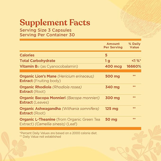 Four Sigmatic Focus Capsules | Lion's Mane Supplement Capsules | Brain Boosting Complex with Ashwagandha Bacopa Monnieri &amp Rhodiola | Vegan Nootropic Adaptogen &amp Mushroom Supplement | 30 Serv