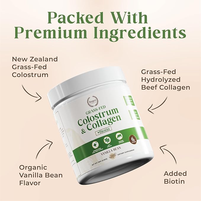 Grass-Fed Colostrum &amp Collagen Powder | Gut Health Hair Skin &amp Joint Support | New Zealand Bovine Colostrum Hydrolyzed Collagen Peptides 300mcg Biotin | Vanilla Bean | 28 Servings
