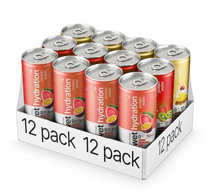 Wet Hydration Protein Water Variety Pack | Functional Electrolyte Drink with Clear Whey Protein &amp BCAAs - Passion Guava Pineapple Whip Kiwi Strawberry (12 fl. oz. Cans Pack of 12) | Zero Sugar