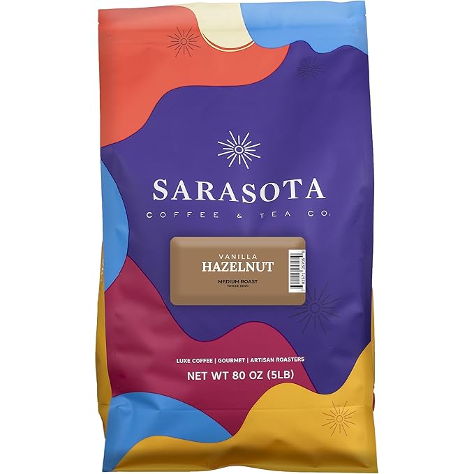 Sarasota Coffee Whole Bean Vanilla Hazelnut | Medium Roast Gourmet Flavored Coffee Beans | Low Acid Mold Free Specialty Grade Bulk Beans | 5lb (80 oz)