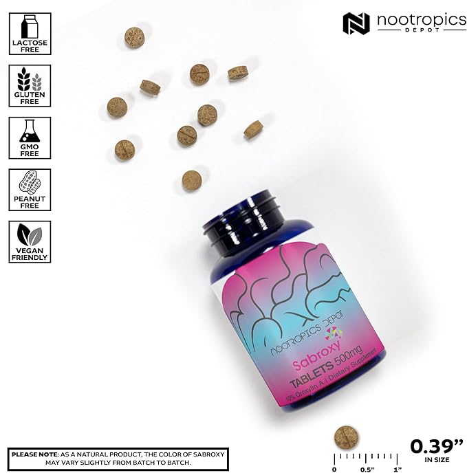 Nootropics Depot Sabroxy® Tablets | 500mg | 30 Count | Minimum 10% Oroxylin-A | Oroxylum indicum | May Help Promote Focus &amp Motivation | May Help Promote Cognitive Function