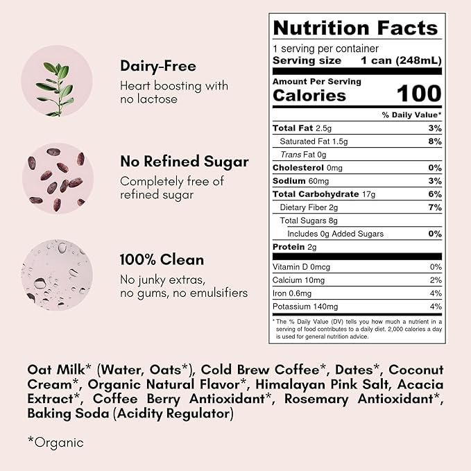 Pop &amp Bottle Oat Milk Lattes - Cold Brew with Coffee Berry Antioxidants MCT Oil Organic Dairy Free Gluten Free Great as Iced Coffee Lightly Sweetened with Dates - Classic 8 Fl Oz (12 Pack)