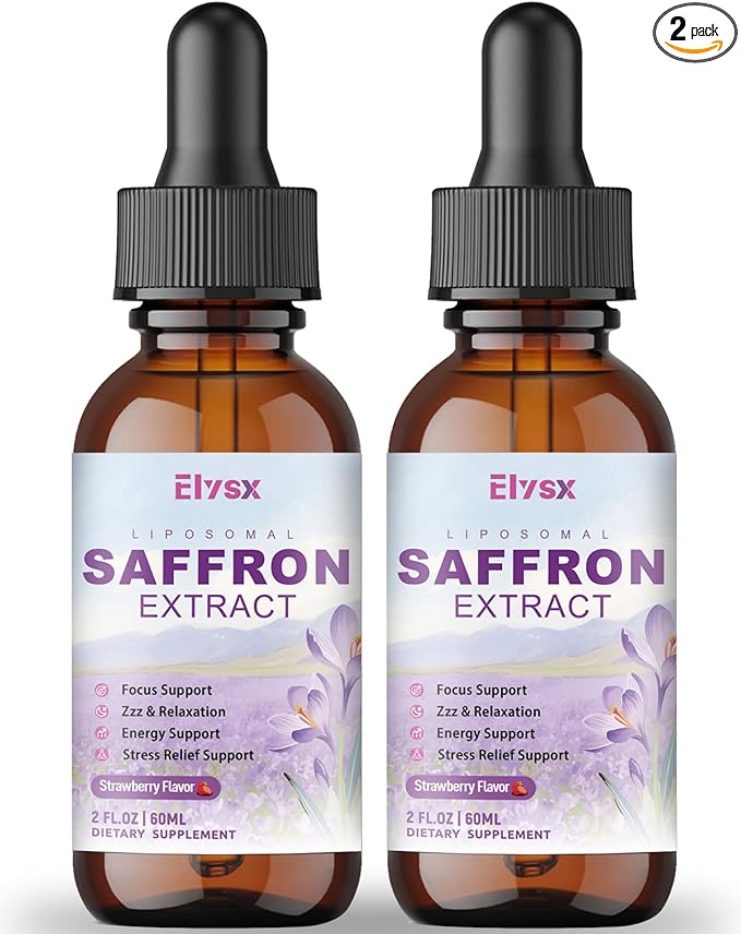 Liposomal Saffron for Kids &amp Adult Organic Saffron Extract Liquid Drops with Holy Basil Rosemary L-Theanine for Stress Focus Energy Support Eye Health Vegan Strawberry Flavor 4 FL OZ