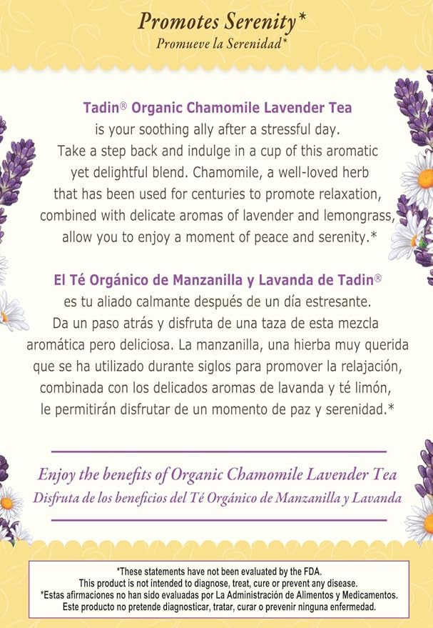 Tadin Organic Chamomile Lavender Tea Caffeine Free Herbal Tea to Promote Serenity 20 Tea Bags Per Box Pack of 6