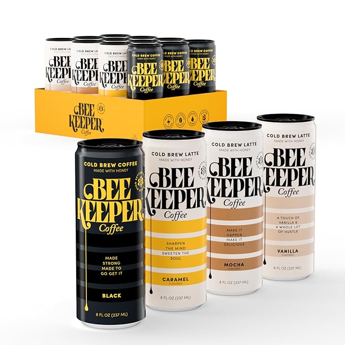 Beekeeper Black Cold Brew Coffee Drinks with Oregon Honey | 12 Pack Refreshing Iced Coffee - Unsweetened &amp Strong Arabica Brew 8 fl oz Ready-to-Drink Can - 180mg Natural Caffeine