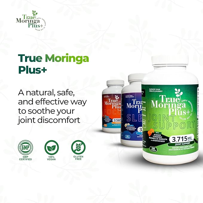 True Moringa Plus+ Joint Support Supplement 10:1 Extract | 20000mg of Organic Moringa Turmeric Curcumin Ginger Boswellia BioPerine | Extra Strength Herbal Antioxidant for Adults (150 Capsules)