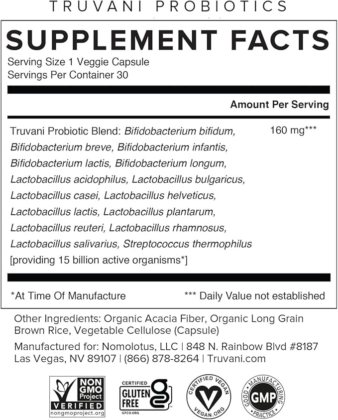 Truvani Probiotic Supplement | 30 Servings | 15 Billion CFU | 15 Diverse Strains for Digestive Immune &amp Brain Health Support | Shelf-Stable Vegan Capsules | Non-GMO No Fillers