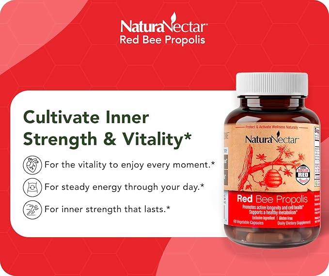 NaturaNectar - Red Bee Propolis Capsules - NSF Contents Certified Premium Brazilian Propolis - Gluten-Free Supplements with More Diverse Flavonoids &amp PWE - Sourced Through Ethical Beekeeping (60pc