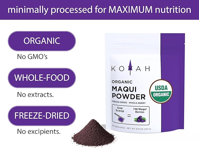 KOYAH - Organic Maqui Berry Powder 30 Servings (1 Scoop = 146 Berries or 1/8 Cup Fresh) Chile Grown Freeze-Dried Whole-Berry Powder