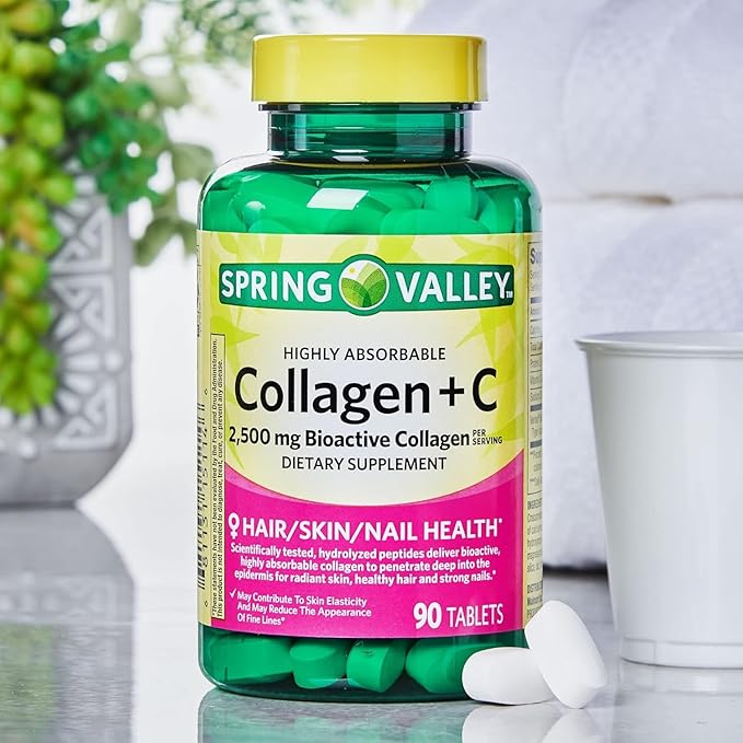 Spring Valley's Collagen + C Tablets 2500mg 90 Tablets | Collagen Plus Vitamin c | Collagen + Vitamin C 60 mg | Collagen C Spring Valley Bundle with Basket Goods Store