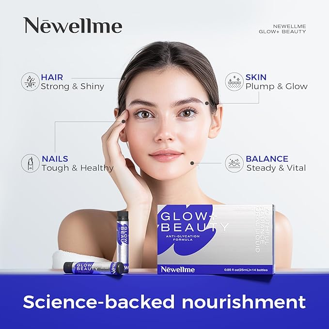 NEWELLME Glow+Beauty Collagen Drink – Liquid Beauty Supplement with Hyaluronic Acid &amp Antioxidant Complex Supports Skin Hydration Hair &amp Nail Strength 28 Bottles