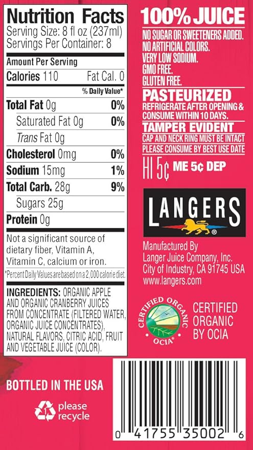 Langers 100% Organic Juice Cranberry 64 Fl Oz (Pack of 8)