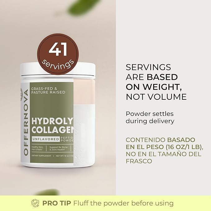 Hydrolyzed Collagen Peptides Powder - 100% Pure Grass Fed &amp Unflavored for Women &amp Men – for Healthy Bones Joints Hair &amp Skin – Colageno Hidrolizado en Polvo Piel Cabello y Articulacio