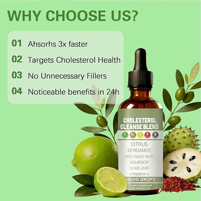 Red Yeast Rice Liquid Drops with Citrus &amp Bergamot | Heart Health &amp Cholesterol Support Formula with Soursop &amp Olive Leaf | Vegan Non-GMO Dietary Supplement 2 fl oz