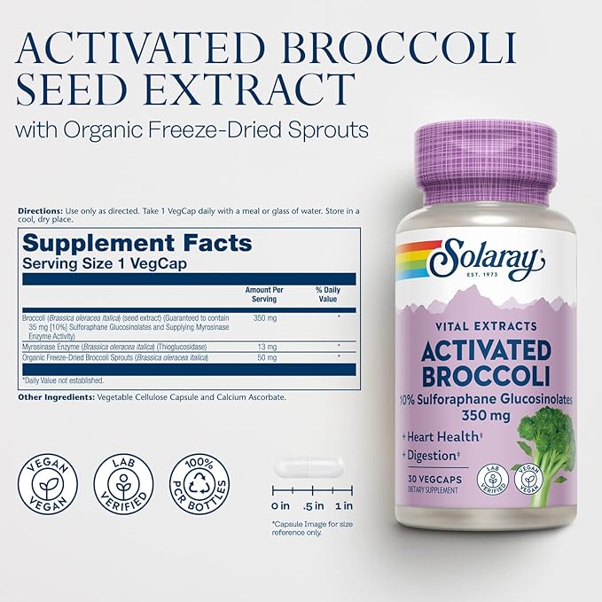 SOLARAY Activated Broccoli Seed Extract 350 mg 10% Sulforaphane Glucosinolates for Antioxidant Support Heart Health and Digestive Support Vegan and Lab Verified 30 Servings 30 VegCaps
