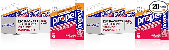 Propel Immune Support Electrolyte Enhanced Water Drink Mix Powder Packets Orange Raspberry 100% DV Vitamin C Zero Sugar Hydration with Electrolytes &amp Vitamins (120 Packets) (Pack of 240)