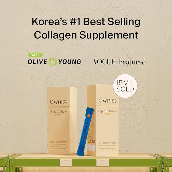 Ownist Triple Collagen Liquid Packets On-The-Go - Peptides with Hydrolyzed Marine Collagen Elastin Hyaluronic Acid and Vitamin for Healthy Skin - Orange Flavor - 84 Individual Stick Packs (6 Boxes)