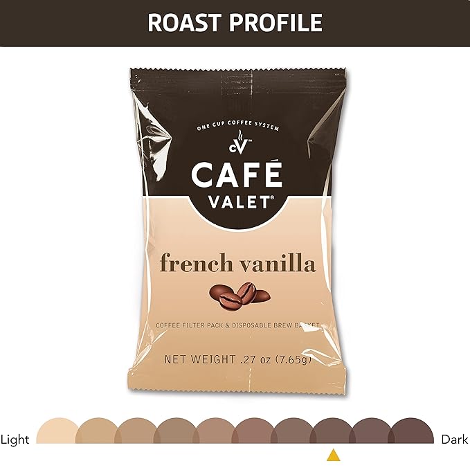 Cafe Valet Single Serve Individually Wrapped Coffee Packs Regular Dark Roast and French Vanilla 100% Arabica Coffee 168 Count