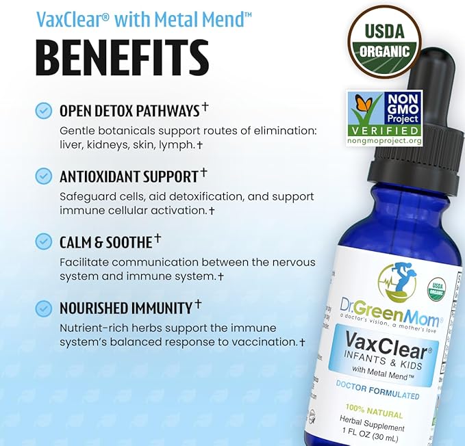 Dr. Green Mom Organic VaxClear with Metal Mend Herbal Heavy Metal Detox Drops for Kids and Infants with Chlorella Turmeric Cilantro and Milk Thistle to Cleanse and Support Immune Response