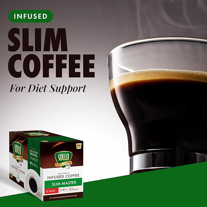 SOLLO Slim Decafenated Coffee Pods Diet Support Weight Loss with Garcinia Vitamins and Green Coffee Bean Extract Compatible w/Keurig K-Cup Brewers Decaf 24 ct