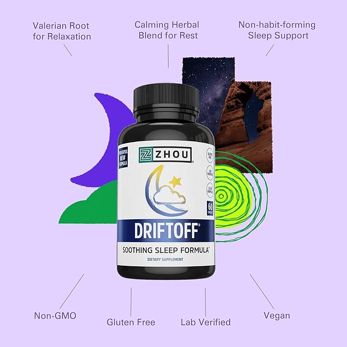 ZHOU Driftoff - Nature Inspired Sleep Aid Valerian Root &amp Melatonin for Sleep for Men &amp Women Calm Sleeping Supplement for Adults with GABA &amp Chamomile to Relax - 60 Veggie Capsules (Pac