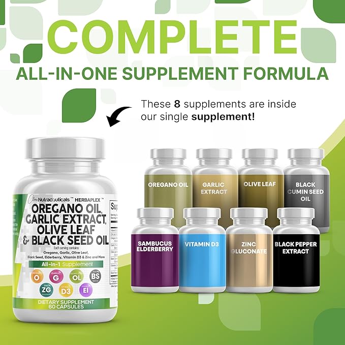 Clean Nutraceuticals Oregano Oil Garlic Extract Olive Leaf Black Seed Oil - Immune Support &amp Digestive Health Supplement for Women and Men with Vitamin D3 &amp Zinc - 2Pack
