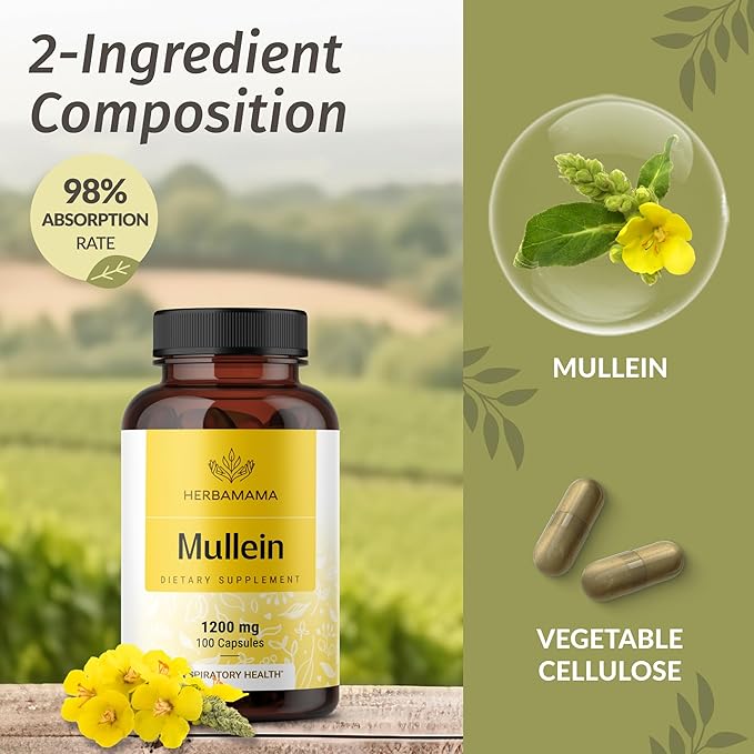 HERBAMAMA Mullein Leaf Capsules - 1200mg Mullein Leaf Extract for Lung Detox Support - Vegan Non-GMO Respiratory Lung Cleanse Supplement (Pack of 2)