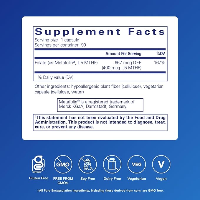 Pure Encapsulations Folate 400 | Metafolin L-5-MTHF Supplement to Support Cardiovascular Cellular and Neural Health* | 90 Capsules