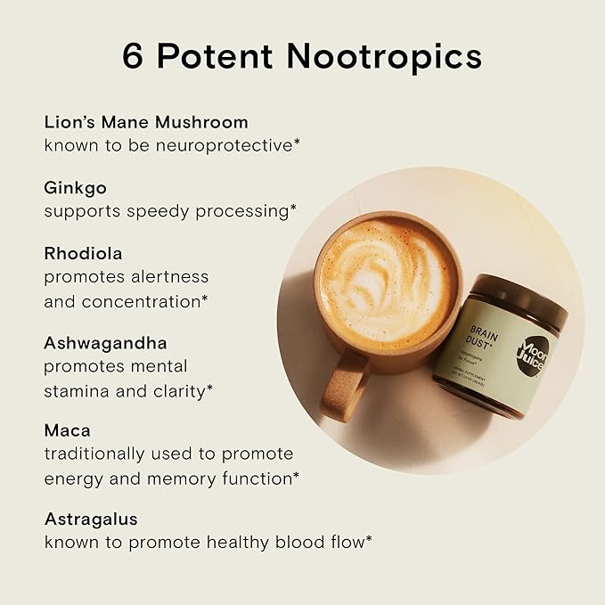 Moon Juice Brain Dust - Adaptogenic Mushroom Supplement for Memory &amp Focus - Lion’s Mane Ginkgo Biloba &amp Ashwagandha - Caffeine-Free Vegan Brain Supplement - 1.5 oz