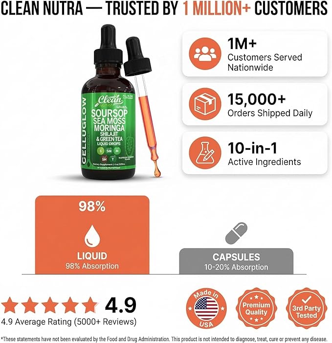 Clean Nutra Soursop Liquid Drops Sea Moss Moringa Shilajit Green Tea Vitamin D Vitamin C Garlic Supplements Grape Seed Lycopene Turmeric Root 4 Oz Immune Support &amp Cellular Health by Clean Nutra
