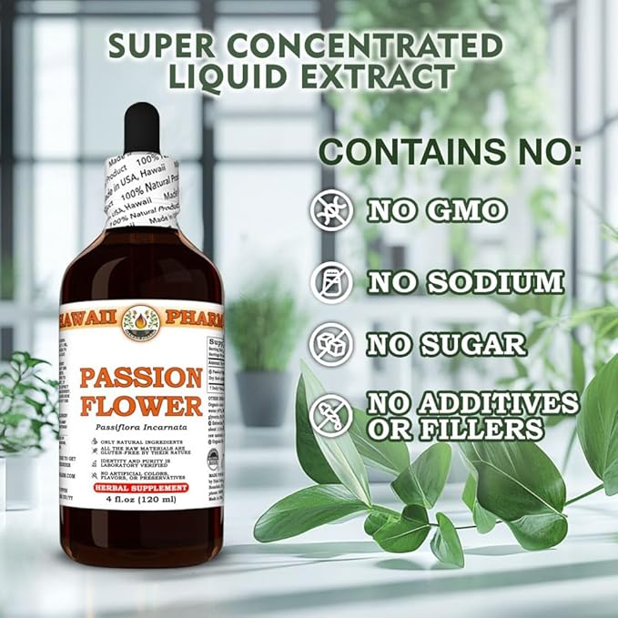 Hawaii Pharm Passion Flower Extract Tincture for Calm and Sleep Support Soothes Digestive Discomfort Promotes Relaxation Encourages Emotional Balance - 32 fl.oz