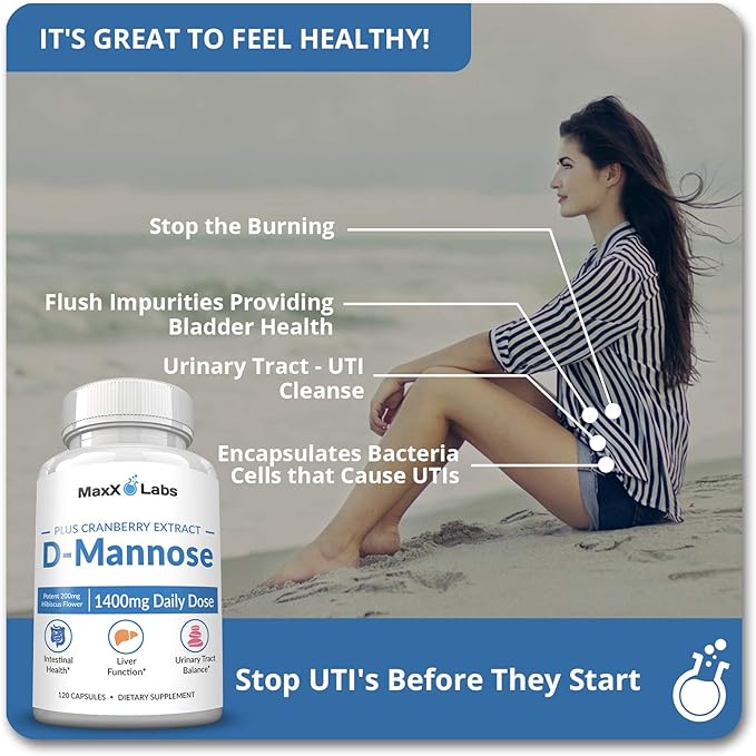 D Mannose Capsules - Fast Acting 1400 MG Extra Strength DMannose Capsule for Bladder Health with Potent Cranberry Extract &amp Hibiscus Flower Supports UTI Relief Supplement - 120 Ct