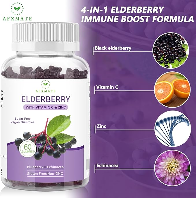 AFXMATE Sambucus Black Elderberry Gummies with Zinc and Vitamin C for Adults Kids Immune Support Sugar Free Elderberry 120 Counts