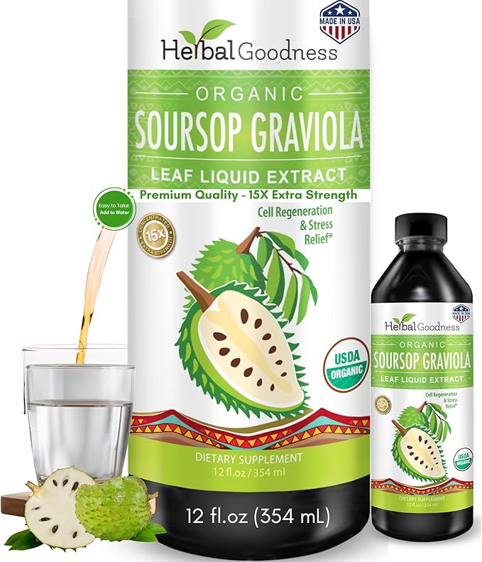Herbal Goodness Soursop Graviola Liquid Drops 12 Fl Oz - 15X Strength Organic Guanábana Soursop Leaves Extract for Gut Health Cell &amp Immune Support Serene Soursop Drops - Vegan Non-GMO Made in