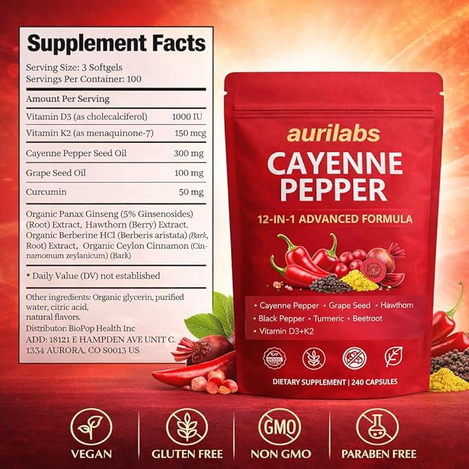Aurilabs Cayenne Pepper softgels - Vitamin D3+K2 Complex Circulation Support Formula with Capsaicin &amp Botanicals Vegetarian Non-GMO Softgels for Daily Wellness (2)