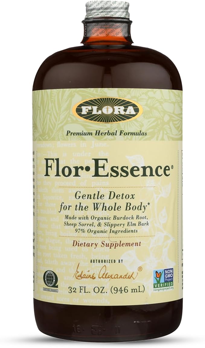 Flora Flor Essence Liquid Tea Blend 32oz LARGE - Gentle Detox Cleanse with Burdock Root Slippery Elm Kelp Thistle - Premium Organic Ingredients