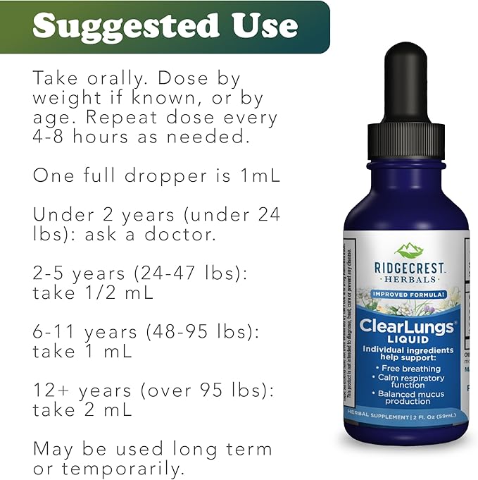Ridgecrest Herbals ClearLungs Liquid Herbal Supplement Orange Flavor Alcohol Free for Adults and Kids Natural Lung and Nasal Wellness Formula for Bronchial and Mucus Support (2 fl oz 29 Servings)