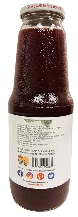 Anna and Sarah 33.8 Oz Organic Tart Plum Juice - Glass Bottle (4 Pack) No Sugar Added No Artificial Colors No Preservatives No Flavors AddedNOT from Concentrate