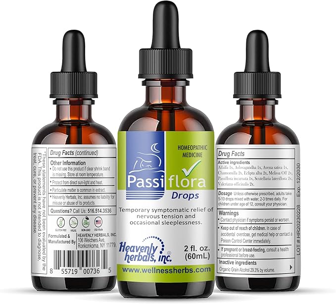 Heavenly Herbals Inc. Passiflora Drops - Homeopathic Medicine | Passiflora Incarnata – Occasional Sleeplessness &amp Nervous Tension Support - 2.0 fl. oz (60mL) - Manufactured and Shipped