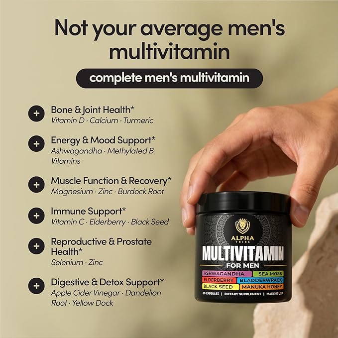 Alpha Tribe Multivitamin for Men with Seamoss Black Seed Oil Ashwagandha Burdock Root Turmeric Bladderwrack Vitamin C Elderberry Manuka Yellow Dock | Daily Men's Vitamins and Minerals Supplement