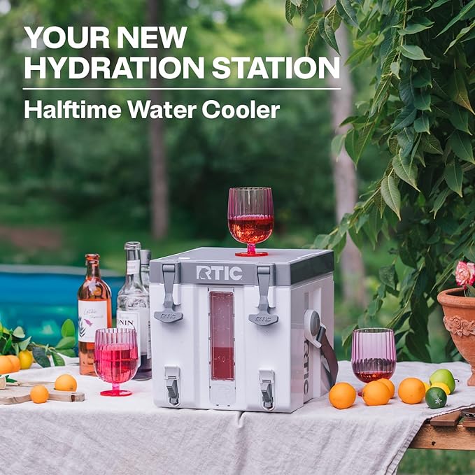 RTIC Halftime Water Cooler 3 Gallon Portable Carrier Container Drink Beverage Dispenser Stackable with 2 Taps Bottleless BPA-Free for Sports Camping BBQ Parties Picnic Cool Grey &amp Navy