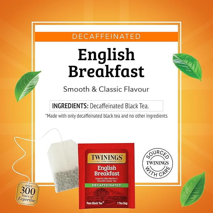 Twinings Decaffeinated English Breakfast Black Tea Individually Wrapped Bags 25 Count (Pack of 6) Flavourful Robust Enjoy Hot or Iced 150 Teabags