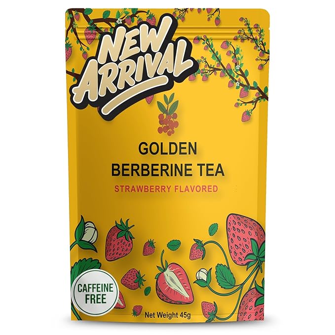 Berberine Tea 45g Natural Organic Caffeine-Free Blend Non-GMO Herbal in Plastic-Free Stand Alone Pouch Delicious Antioxidant for Immune Support (Strawberry)