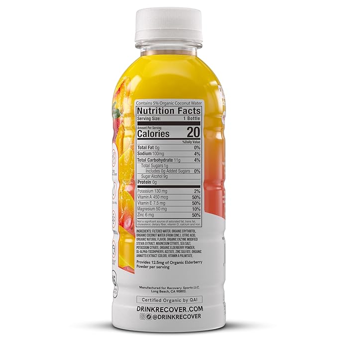 RECOVER 180 Organic Sports Hydration Drink No Sugar Added 20 Calorie Sports Beverage Organic Flavors With Vitamins Potassium-Packed Electrolytes (16.9 Fl Oz (Pack of 12) Peach Mango)