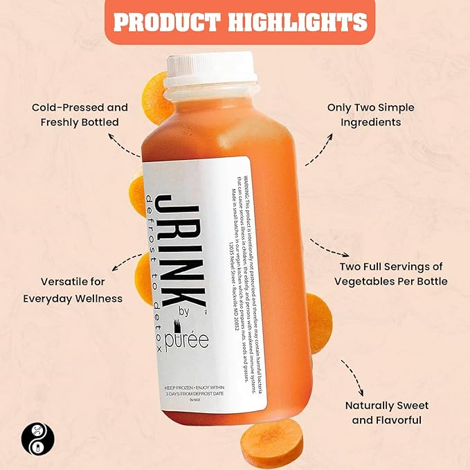 JRINK by Purée Organic Carrot Juice Cold Pressed Ginger Blend Healthy Cleanse Vegan Cold Press Beverage Non-GMO Organic Fruit and Vegetable Drink No Added Sugar 16 fl oz Bottles Pack of 18