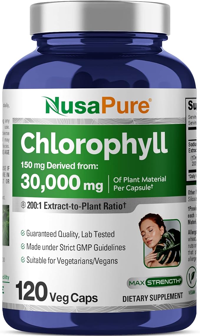 NusaPure Chlorophyll 200:1 Extract 150 mg Equivalent to 30000 mg per Capsule 120 Vegetarian Caps (Non-GMO Vegan)