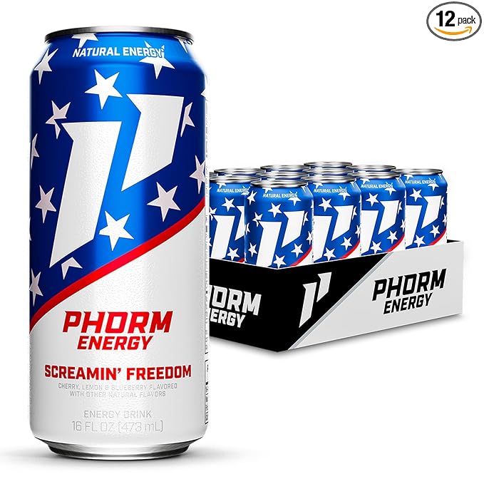 Phorm Energy Drink Screamin’ Freedom Rocket Pop Flavor Sugar Free 200 mg Natural Caffeine From Green Tea Electrolytes and Vitamin B12 Gluten Free Vegan 16 FL Oz Pack of 12