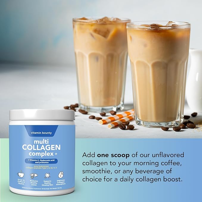 Vitamin Bounty Multi Collagen Peptides Powder for Men &amp Women (Complex Plus) - 5 Types Hydrolyzed Collagen Protein - Probiotics Vitamin C &amp Hyaluronic Acid - Grass Fed Bovine Supplements 50