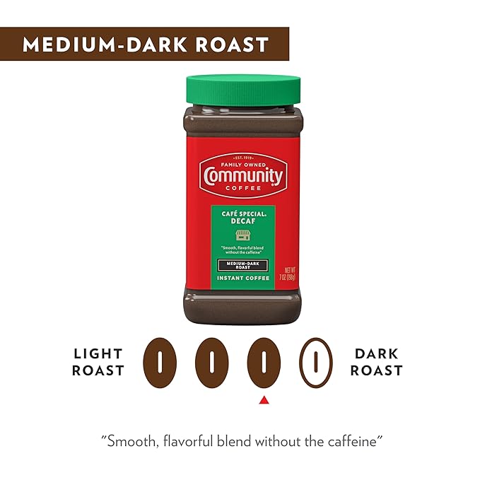 Community Coffee Café Special Decaf Instant Coffee Medium Dark Roast 7 Ounce Jar (Pack of 12)